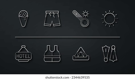 Set line Ice cream in waffle cone, Signboard with text Hotel, Sun, Tourist tent, Life jacket, Swimming trunks, Rubber flippers for swimming and Meteorology thermometer icon. Vector