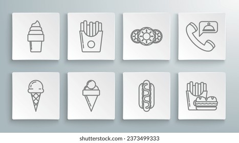 Set line Ice cream in waffle cone, Potatoes french fries carton package box, Hotdog sandwich with mustard, Burger, Donut sweet glaze, Food ordering and  icon. Vector