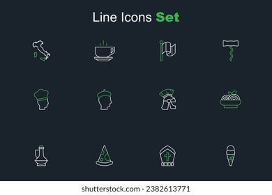 Set line Ice cream in waffle, Pope hat, Slice of pizza, Bottle olive oil, Pasta spaghetti, Roman army helmet, French and Italian cook icon. Vector