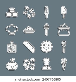 Set line Ice cream in waffle cone, Kitchen whisk, Bag of flour, Homemade pie, Chef hat, Macaron cookie and Honey dipper stick icon. Vector svg