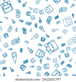 Set line Ice cream in waffle cone, Hiking backpack and Cocktail and alcohol drink on seamless pattern. Vector