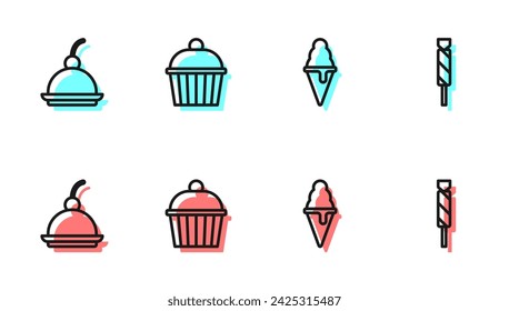 Set line Helado en cono de gofre, pastel de queso de cereza, Icono de pastel y caramelo. Vector