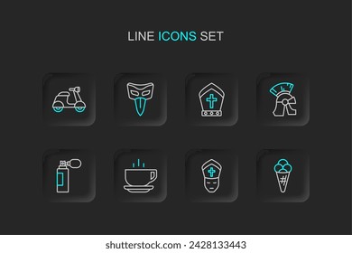 Set line Ice cream in waffle, Pope, Coffee cup, Perfume, Roman army helmet, hat, Carnival mask and Scooter icon. Vector