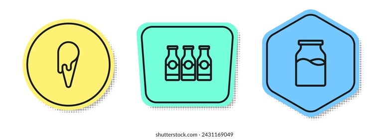Set line Ice cream in waffle cone, Bottle with milk and . Colored shapes. Vector