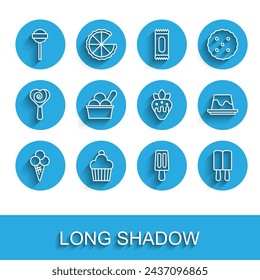 Set line Ice cream in waffle cone, Cake, Lollipop, bowl, Pudding custard and Strawberry chocolate icon. Vector