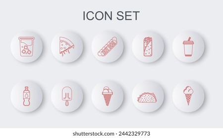 Set line Ice cream in waffle cone, Bottle of water, Hotdog sandwich, Taco with tortilla, Glass, Slice pizza,  and  icon. Vector