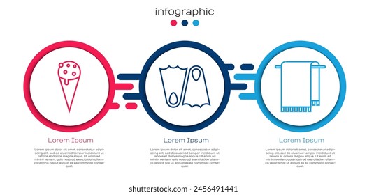 Set line Ice cream in waffle cone, Rubber flippers and Towel on a hanger. Business infographic template. Vector