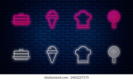 Set line Ice cream in waffle cone, Chef hat, Cake and Lollipop. Glowing neon icon on brick wall. Vector