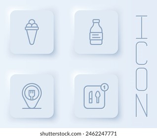 Set line Ice cream in waffle, Bottle of water, Cafe and restaurant location and Food ordering. White square button. Vector