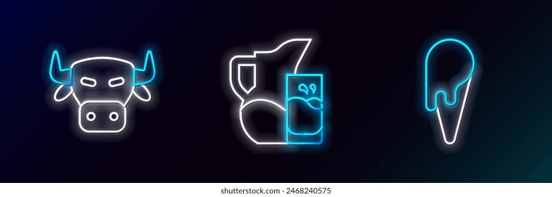 Set line Ice cream in waffle cone, Cow head and Milk jug or pitcher and glass icon. Glowing neon. Vector