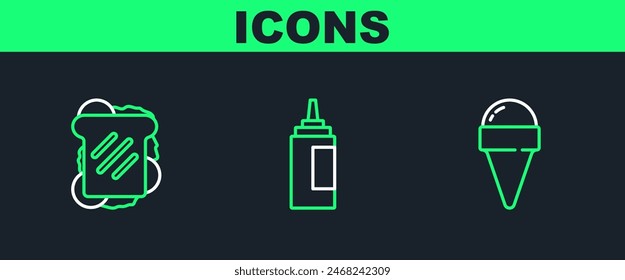Set line Ice cream in waffle cone, Sandwich and Sauce bottle icon. Vector