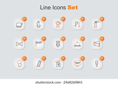 Set line Ice cream in waffle, Carnival mask, Roman army helmet, Leaning tower Pisa, Italian cook, Cheese, Covered with tray of food and Scooter icon. Vector