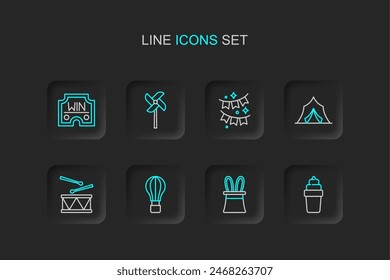 Set line Ice cream in waffle, Magician hat and rabbit ears, Hot air balloon, Drum with drum sticks, Circus tent, Carnival garland flags, Pinwheel toy and Casino win icon. Vector