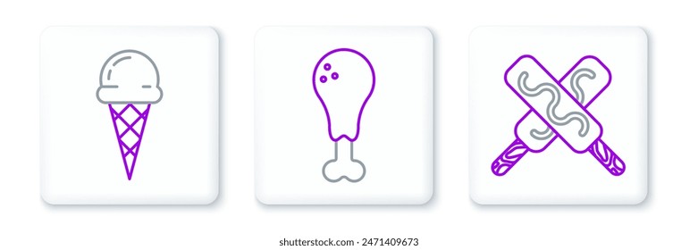 Set line Ice cream, in waffle cone and Chicken leg icon. Vector