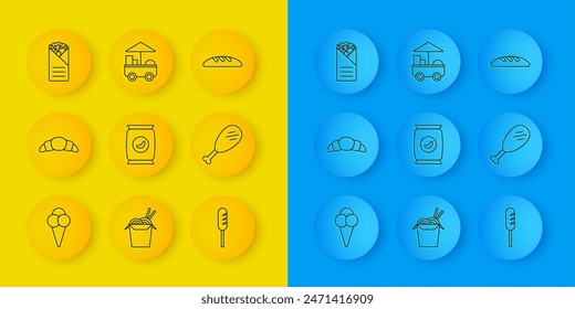 Set line Ice cream in waffle cone, Croissant, Bag or packet potato chips, Fried sausage, Chicken leg, Doner kebab, Bread loaf and Fast street food cart icon. Vector