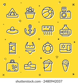 Set line Ice cream in waffle cone, Travel postcard, Signboard with text Hotel, Beach ball, Anchor, Elegant women hat, Tourist tent and Air conditioner icon. Vector