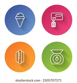 Set line Ice cream in waffle cone, Electric mixer, Hotdog sandwich and Scales. Color circle button. Vector