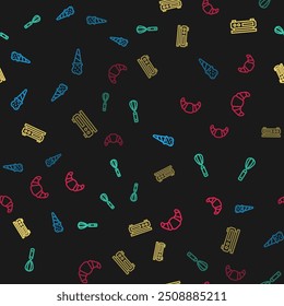Set line Ice cream in waffle cone, Kitchen whisk, Electronic scales and Croissant on seamless pattern. Vector