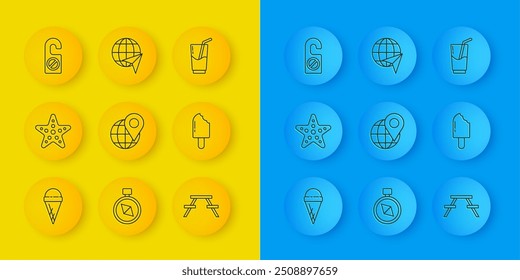 Set line Helado en cono de gofre, estrella de mar, Locación del globo, mesa de picnic con bancos, por favor no molestar, cóctel y bebida alcohólica y globo icono de avión volador. Vector