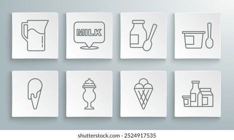 Set-Linie Eis in Waffeltüte, Lettering Milch, Milchshake, Produkt, Trinkjoghurtflasche, Joghurtbehälter mit Löffel und Krug oder Krug-Symbol. Vektorgrafik