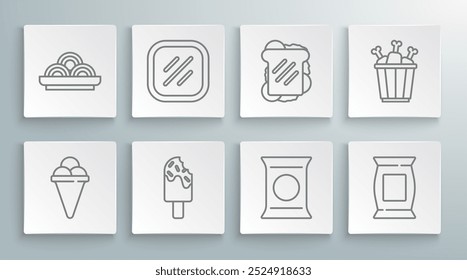 Set line Ice cream in waffle cone, Steak meat, Bag or packet potato chips, Sandwich, Chicken leg package box and Asian noodles bowl icon. Vector