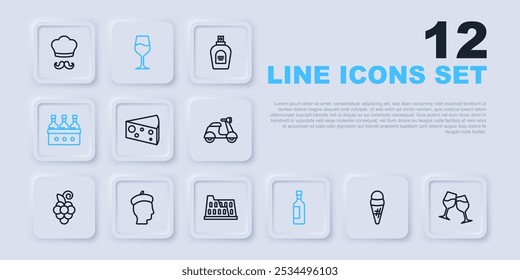 Set line Ice cream in waffle, Wine glass, Cheese, Bottle of wine, Bottles, French man,  and Coliseum icon. Vector
