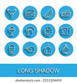 Set line Ice cream in waffle, Roasted turkey or chicken, Sausage on the fork, Bell pepper, Garlic, Mushroom, Bread toast and Shrimp icon. Vector