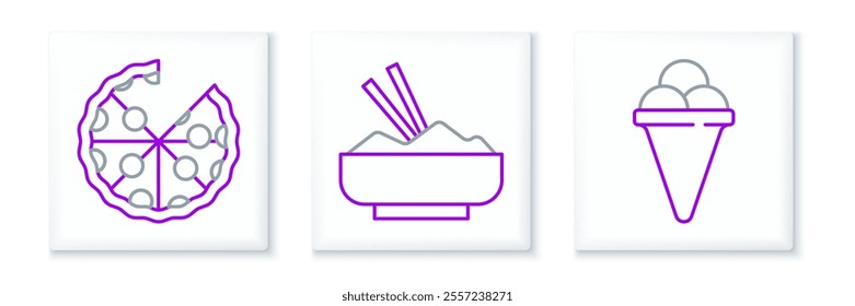 Set line Ice cream in waffle cone, Pizza and Rice bowl with chopstick icon. Vector