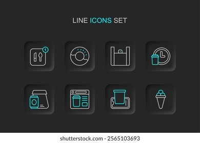 Set line Ice cream in waffle, Food ordering on mobile, Online food, Round the clock delivery, Donut and  icon. Vector