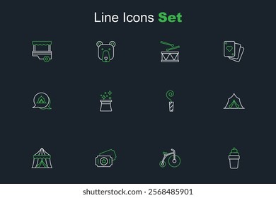 Set line Ice cream in waffle, Vintage bicycle, Circus ticket, tent, Birthday party horn, Magician hat and  icon. Vector