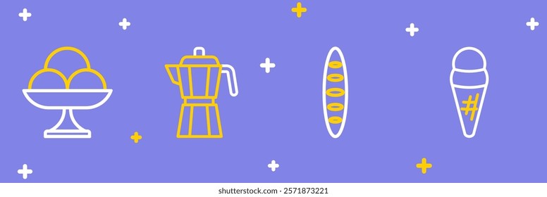 Set line Ice cream in waffle, French baguette bread, Coffee maker moca pot and the bowl icon. Vector