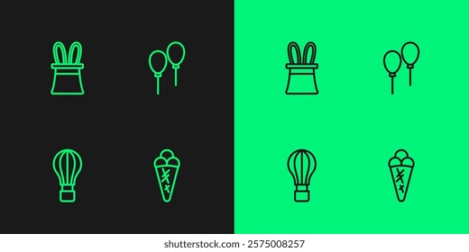 Set line Ice cream in waffle, Hot air balloon, Magician hat and rabbit ears and Balloons with ribbon icon. Vector