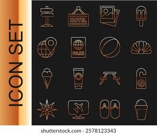 Set line Ice cream in waffle cone, Please do not disturb, Scallop sea shell, Photo, Passport, Location the globe, Road traffic signpost and Beach ball icon. Vector