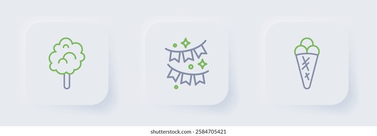 Set line Ice cream in waffle, Carnival garland with flags and Cotton candy icon. Vector