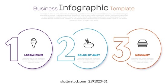 Set line Ice cream in waffle cone, Rice bowl with chopstick and Burger. Business infographic template. Vector