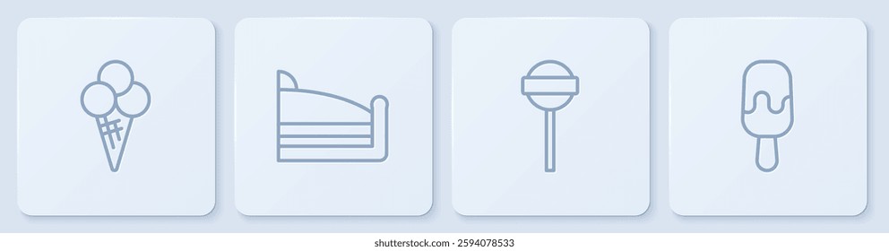 Set line Ice cream in waffle cone, Lollipop, Piece of cake and . White square button. Vector