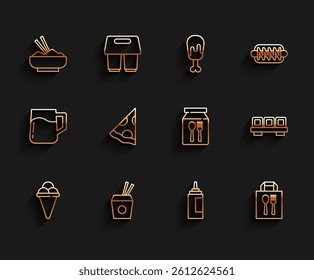 Set line Ice cream in waffle cone, Asian noodles and chopsticks, Rice bowl with, Sauce bottle, Online ordering delivery, Slice of pizza, Sushi cutting board and  icon. Vector