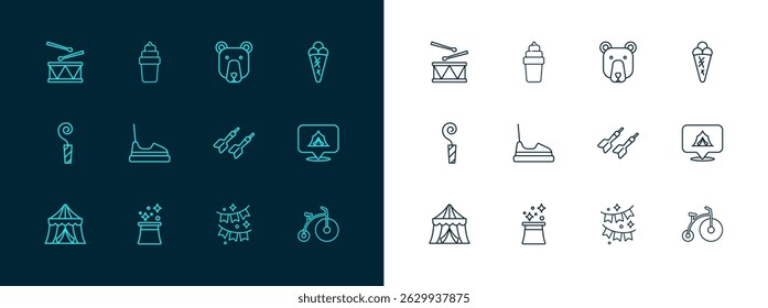 Set line Ice cream in waffle, Magician hat, Dart arrow, Carnival garland with flags, Bumper car, Bear head, Drum drum sticks and  icon. Vector