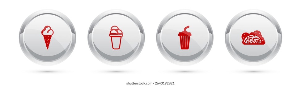 Set line Ice cream in waffle cone, , Glass with water and Taco tortilla. Silver circle button. Vector