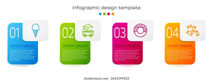 Set line Ice cream in waffle cone, Fast street food cart, Donut and Candy. Business infographic template. Vector