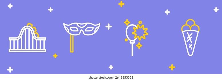 Set line Ice cream in waffle, Balloons with ribbon, Festive mask and Roller coaster icon. Vector