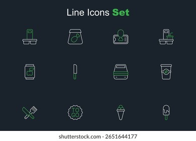 Set line Ice cream, in waffle, Coffee cup to go, Crossed knife and fork, Lunch box, Knife and Soda can icon. Vector