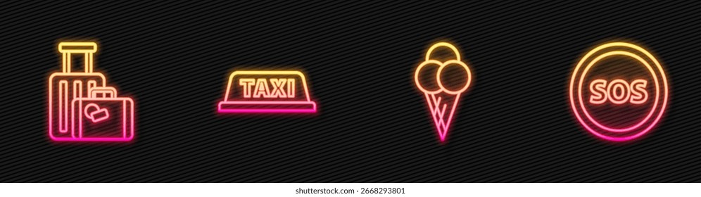 Set line Ice cream in waffle cone, Suitcase, Taxi car roof and Location with SOS. Glowing neon icon. Vector
