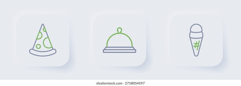 Set line Ice cream in waffle, Covered with tray of food and Slice pizza icon. Vector