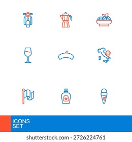 Set line Ice cream in waffle, Perfume, Flag Italy, Map of, Wine glass, French beret, Pasta spaghetti and Coffee maker moca pot icon. Vector