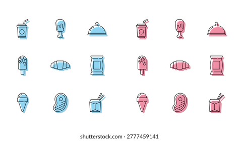 Set line Ice cream in waffle cone, Steak meat, Paper glass with straw, Asian noodles and chopsticks, Croissant, Bag or packet potato chips,  and Chicken leg icon. Vector