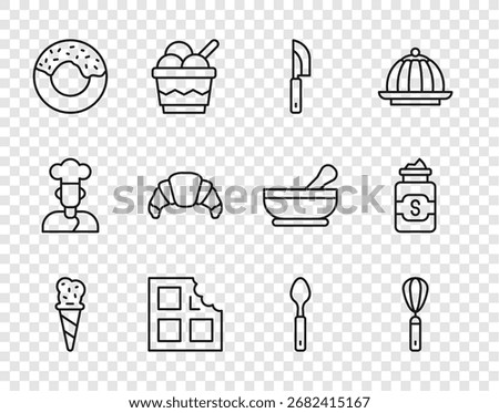 Set line Ice cream in waffle cone, Kitchen whisk, Knife, Chocolate bar, Donut, Croissant, Spoon and Jar of sugar icon. Vector