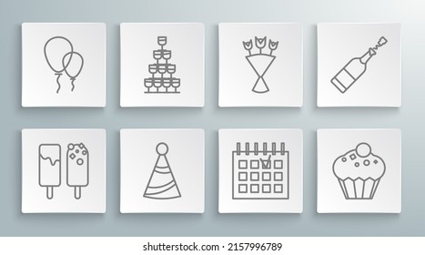 Set line Ice cream, Wine glasses stacked in pyramid tower, Party hat, Detailed calendar, Muffin, Bouquet of flowers, Champagne bottle and Balloons with ribbon icon. Vector