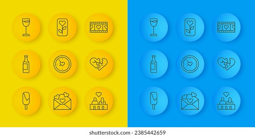 Set line Ice cream, Wine bottle, Clock with heart, Couple love, Broken or divorce, glass, Play Video and Flower rose icon. Vector