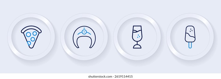 Set line Ice cream, Wine glass, Fish steak and Slice of pizza icon. Vector